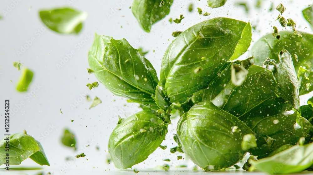 Obraz premium Fresh green basil leaves and dried herbs flying in the air against a bright white studio background.