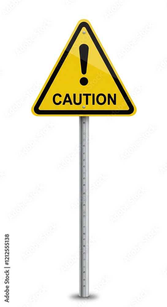 High-Resolution Yellow Caution Sign on Metal Pole - Ideal for Safety and Warning Designs. High-Resolution Yellow Caution Sign on Metal Pole - Ideal for Safety and Warning Designs.