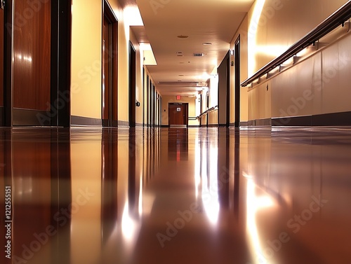 Warm-toned hospital hallway with a glossy  reflective floor  leading to a long perspective with repetitive doors under soft  inviting  overhead lighting. 