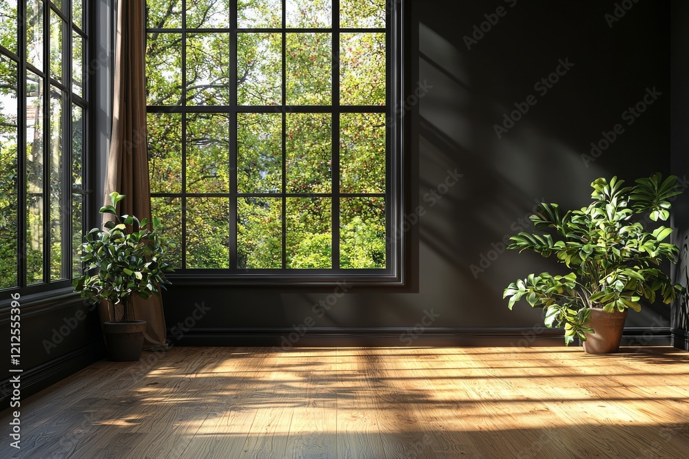 A modern, spacious room features a completely bare black wall, a wooden floor, and a large window offering a view of the city A modern, spacious room features a completely bare black wall, a wooden floor, and a large window offering a view of the city
