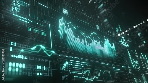 Innovative D business chart with glowing upward trend lines, sleek bar graphs, and a digital financial interface background. photo