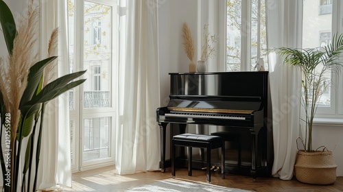 Light-filled classic-modern room featuring a closed black piano  clean minimalist design  vintage windows  and airy white curtains.