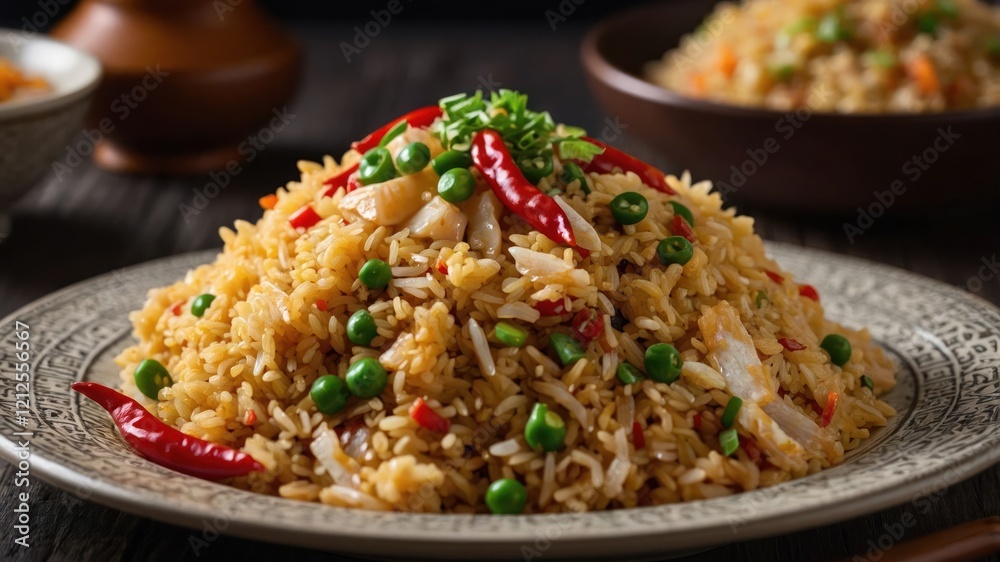 A vibrant plate of fried rice topped with green peas, red chilies, and herbs. A vibrant plate of fried rice topped with green peas, red chilies, and herbs.