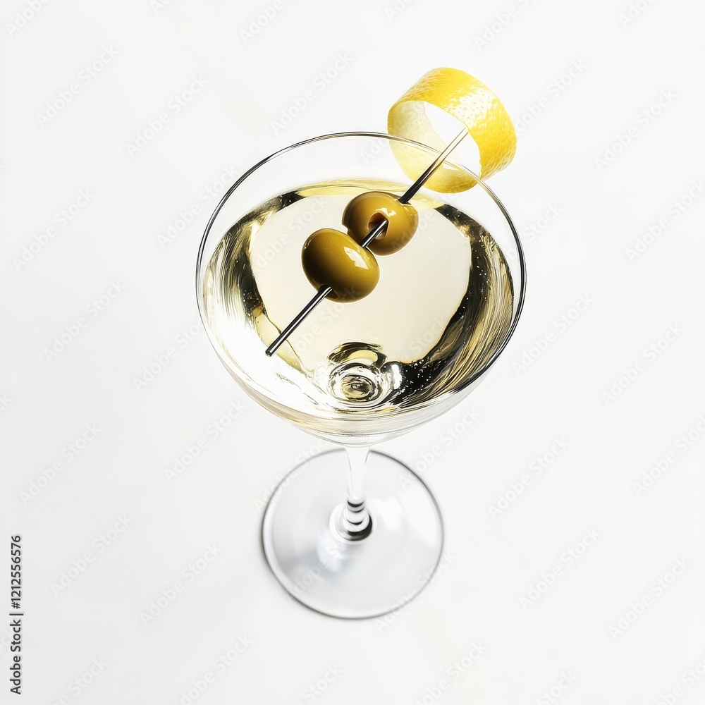 An elegant martini with an olive and lemon twist, positioned against an isolated white background, hyper-realism art style An elegant martini with an olive and lemon twist, positioned against an isolated white background, hyper-realism art style