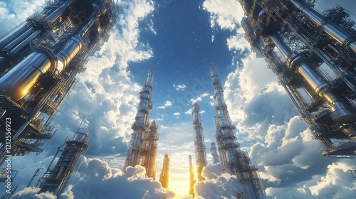 Control systems stretch out like wings, reactor vessels float in the sky, cracking units spin like stars in an infinite petrochemical universe.