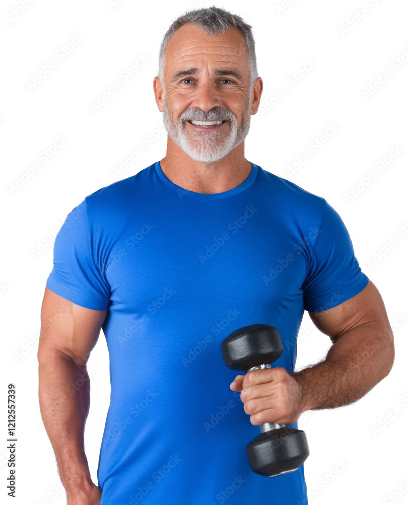 A smiling man with gray hair and beard holds a dumbbell while wearing a blue t-shirt standing A smiling man with gray hair and beard holds a dumbbell while wearing a blue t-shirt standing