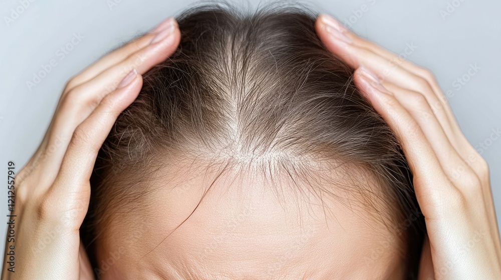 Fototapeta premium Scalp irritation concept woman scratching her head with visible distress, closeup of hair and fingers, clean minimal setup.