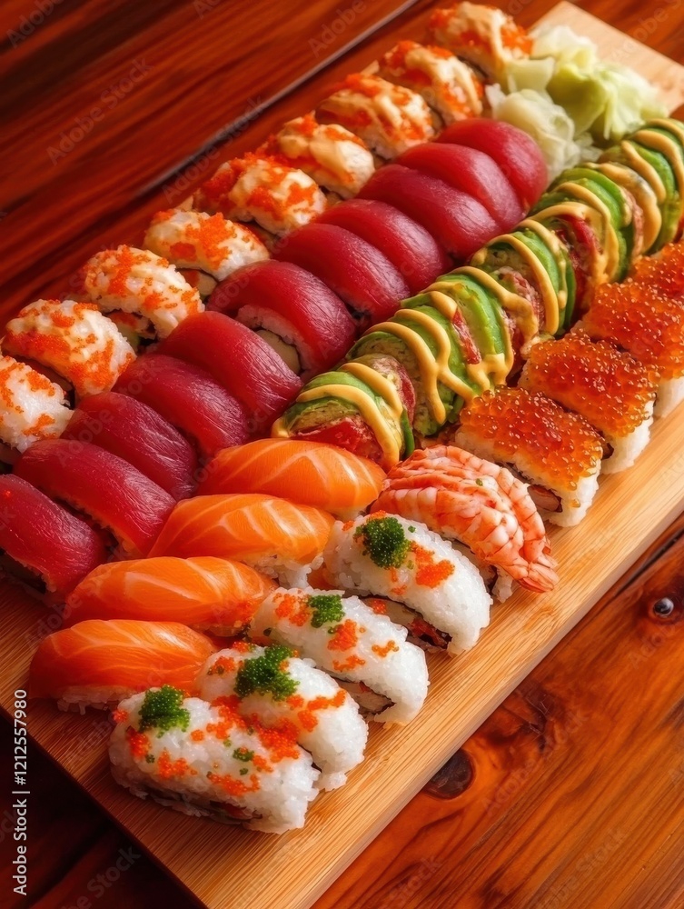 A vibrant assortment of sushi rolls and sashimi arranged beautifully on a wooden platter, showcasing various colors and textures. A vibrant assortment of sushi rolls and sashimi arranged beautifully on a wooden platter, showcasing various colors and textures.
