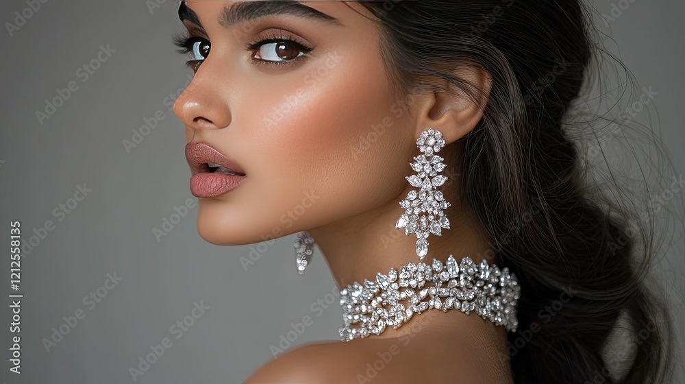 Side profile of a gorgeous brunette wearing a diamond necklace and earrings, her makeup highlighting her natural beauty in soft, warm light. Side profile of a gorgeous brunette wearing a diamond necklace and earrings, her makeup highlighting her natural beauty in soft, warm light.