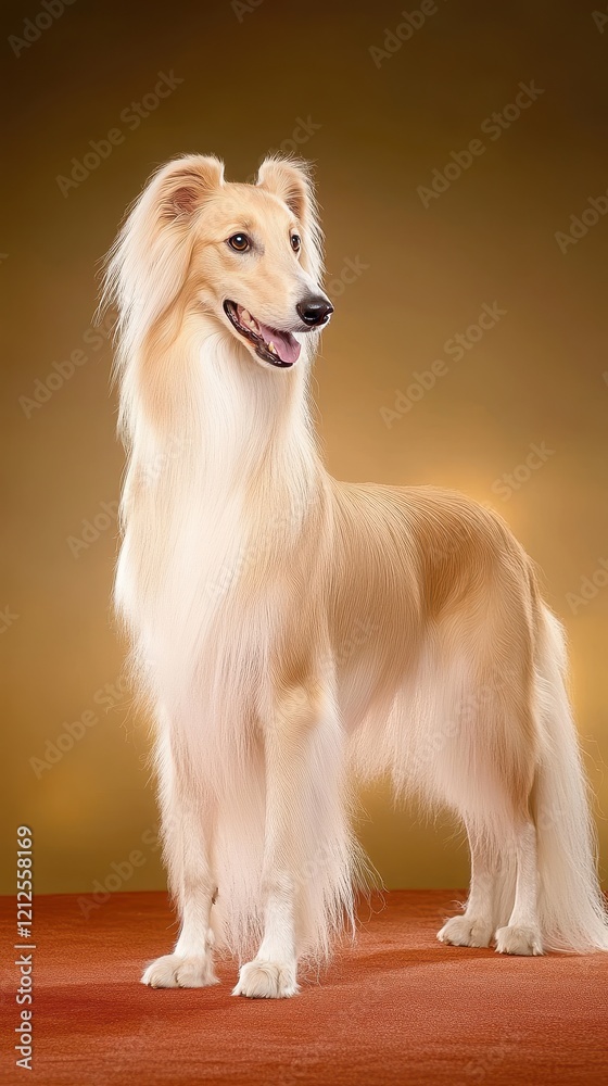 Fototapeta premium Elegant Collie Dog with Luxurious Coat Poses Proudly in Studio Setting Against Warm Background, Showcasing Grace and Beauty of Dog Breeds