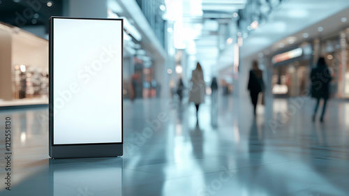 Blank vertical advertising screen in a large  well-lit shopping mall with blurred walking shoppers.