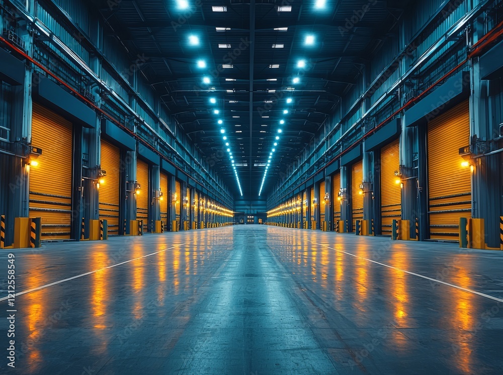 Businessmen walking near loading docks in an empty warehouse Businessmen walking near loading docks in an empty warehouse