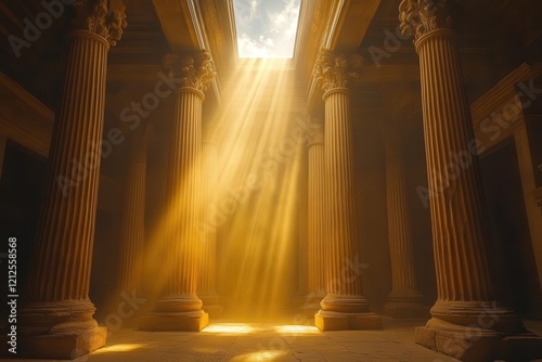 divine figure bathed in golden light emerging through parting storm clouds  ethereal beams illuminate ancient stone architecture below