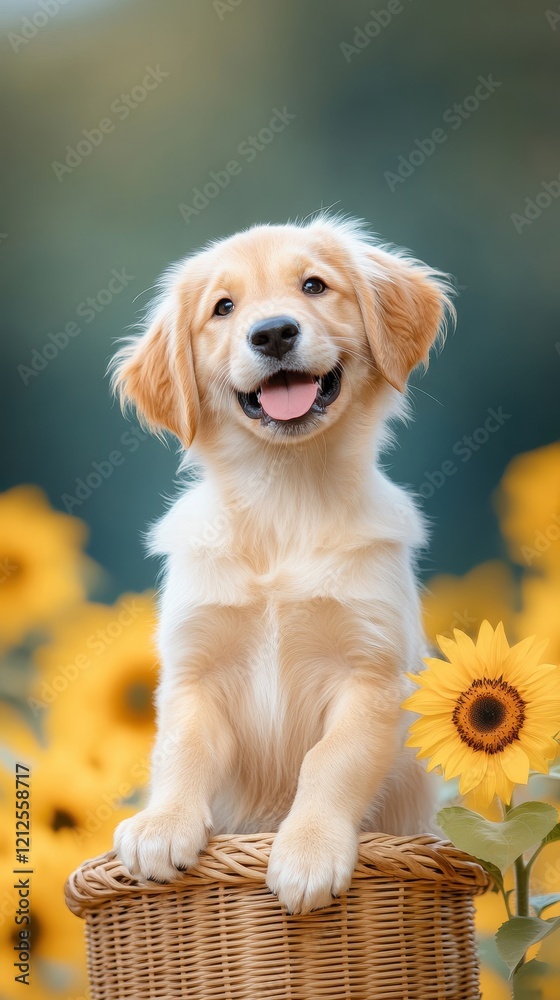 Happy Golden Retriever Puppy Sitting in a Wicker Basket Surrounded by Bright Yellow Sunflowers in a Beautiful Outdoor Setting Happy Golden Retriever Puppy Sitting in a Wicker Basket Surrounded by Bright Yellow Sunflowers in a Beautiful Outdoor Setting