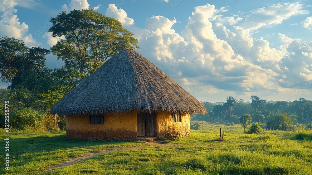 Traditional thatched hut surrounded by lush greenery under a blue sky Traditional thatched hut surrounded by lush greenery under a blue sky