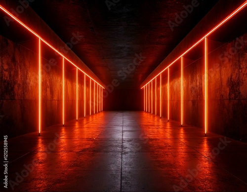Orange Red Glowing Pylons Cement Concrete Hallway Tunnel Corridor