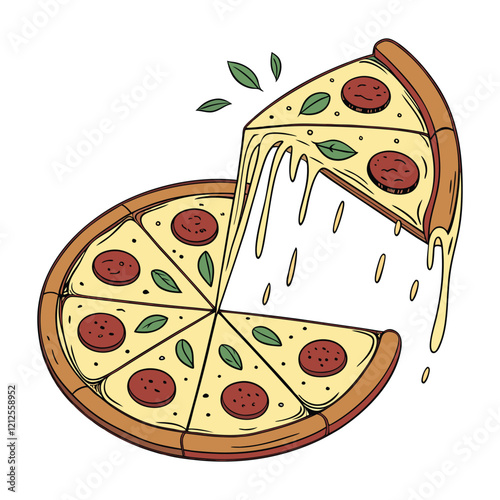 Cheesy Pizza Slice Dripping with Sauce Monochrome Pizza Slice Art pizza slice, cheesy pizza, melted cheese, Italian food, food illustration, pepperoni pizza, pizza art, fast food design