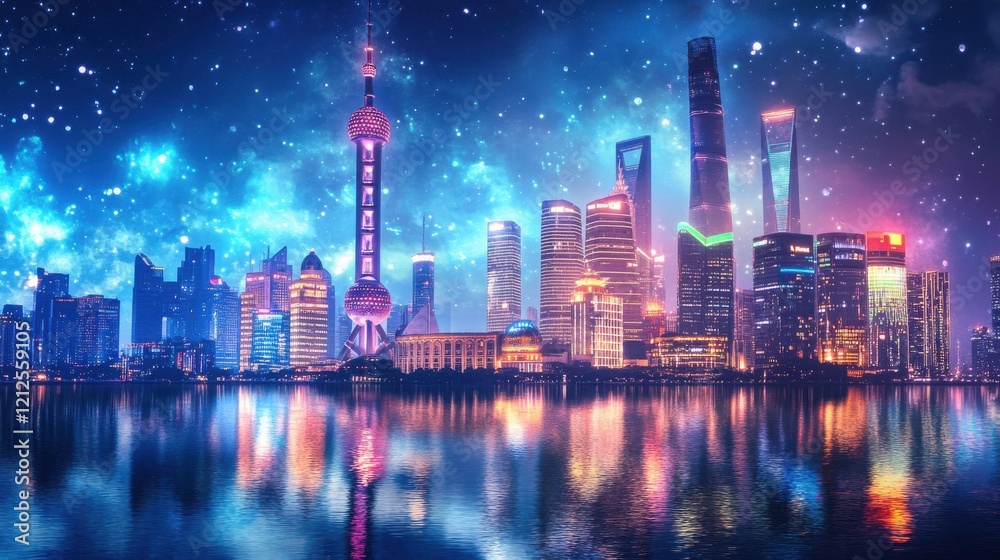 Fototapeta premium Chinese new year fireworks display over city skyline shanghai night photography urban landscape festive celebration