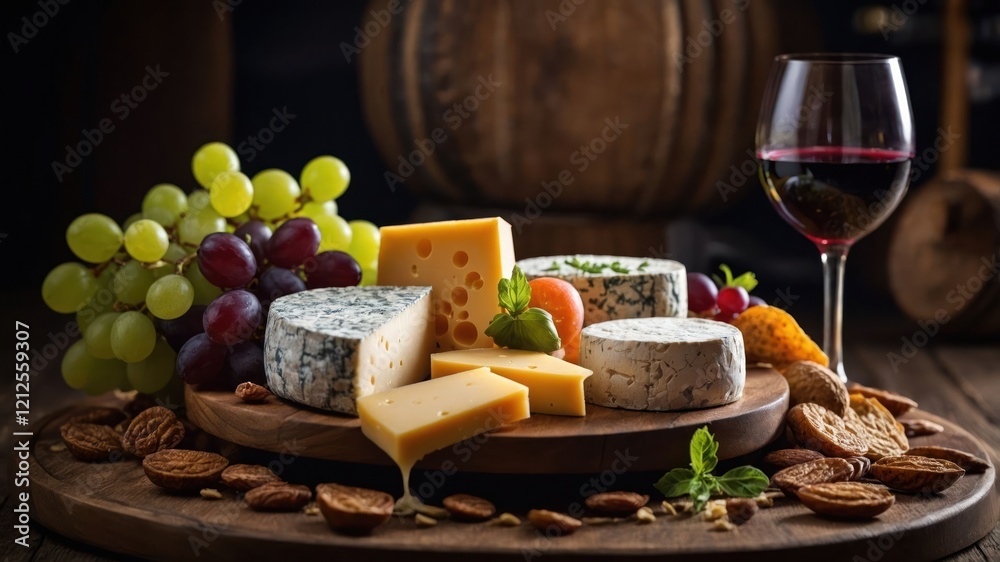 A rustic cheese platter with fruits, nuts, and a glass of wine, ideal for a gathering. A rustic cheese platter with fruits, nuts, and a glass of wine, ideal for a gathering.