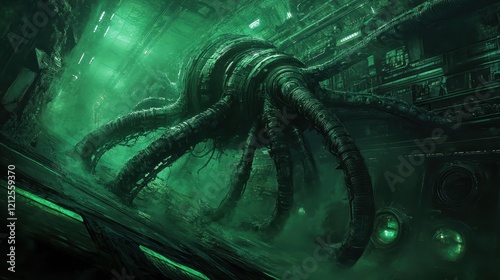 Control systems evolve into tentacle-like cables, reactor vessels rotate in slow motion, cracking units glow in alien hues.