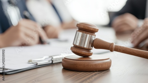 Medical and Nursing Ethics Principles. Legal gavel on a table, with hands and documents in the background.