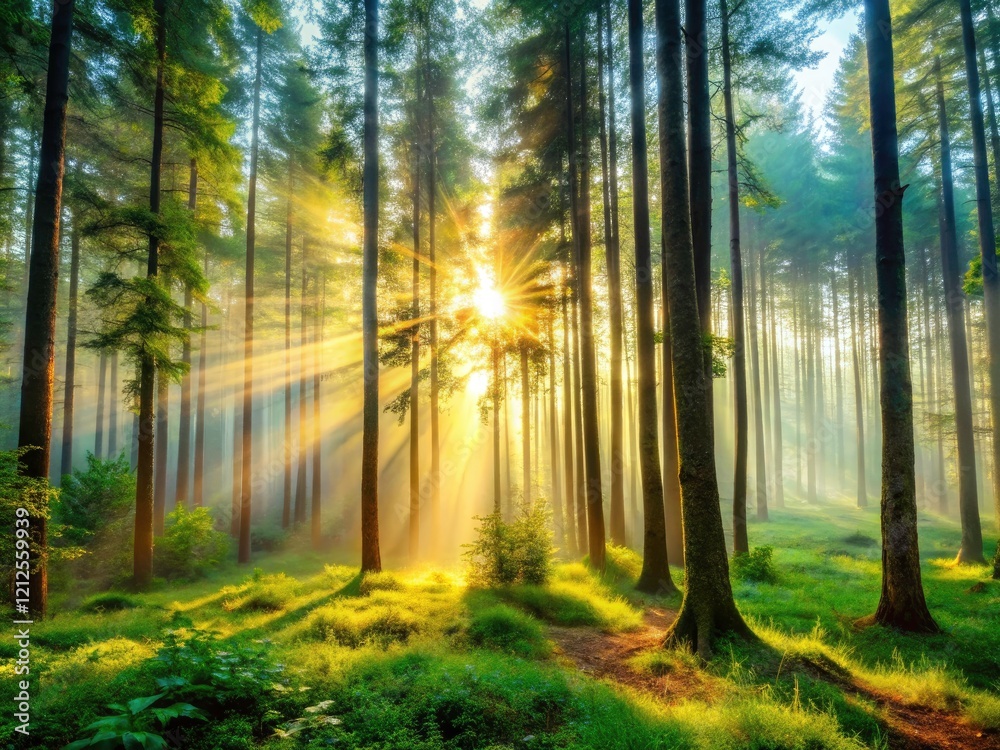 Obraz premium Misty fog cloaks ancient trees in a serene forest, nature's ethereal beauty captured.