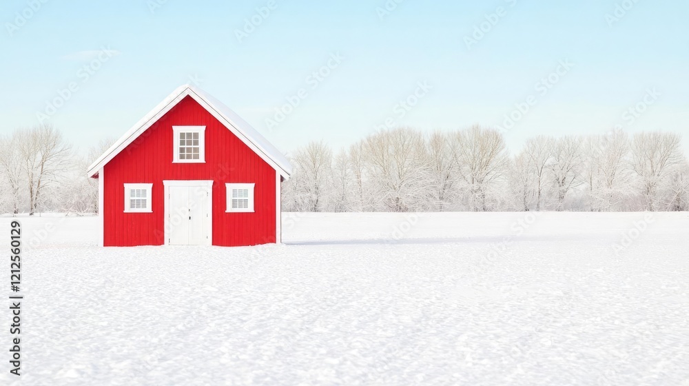 Red house in snowy field, winter landscape, idyllic scene, postcard Red house in snowy field, winter landscape, idyllic scene, postcard