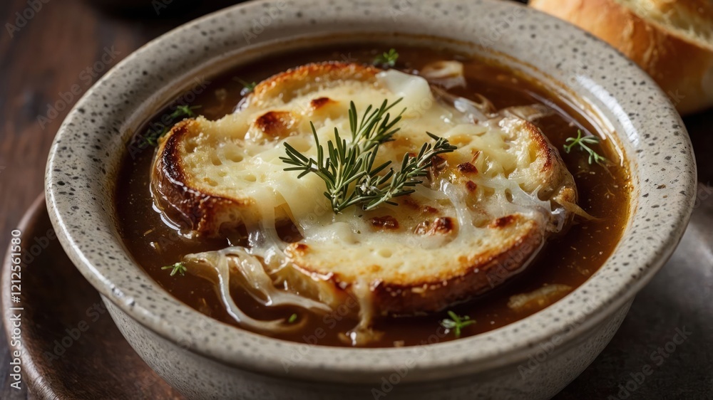 A bowl of French onion soup topped with melted cheese and toasted bread, garnished with herbs. A bowl of French onion soup topped with melted cheese and toasted bread, garnished with herbs.