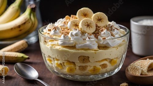 A delicious banana pudding trifle with layers of bananas, cream, and cookies.