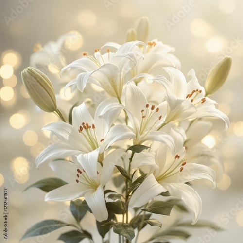 A bunch of white lilies with soft focus lights in the background, festive, ornament, ethereal