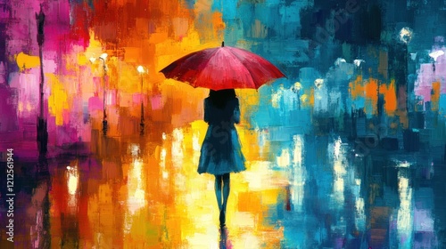 Woman walking under a red umbrella in a vibrant, colorful, rainy city street scene. photo