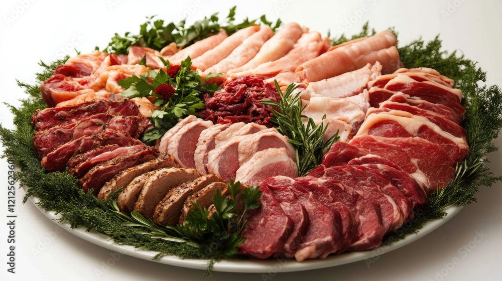 A beautifully arranged platter of various cuts of meat, including beef, pork, and chicken, garnished with fresh herbs and spices, showcasing a feast for meat lovers. A beautifully arranged platter of various cuts of meat, including beef, pork, and chicken, garnished with fresh herbs and spices, showcasing a feast for meat lovers.