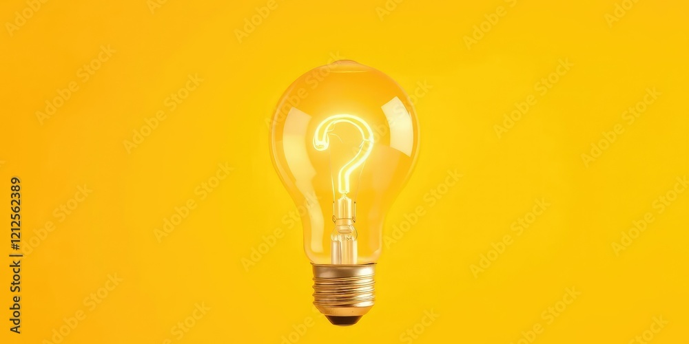 A bright yellow background with a light bulb emitting a soft warm glow, featuring a question mark filament inside the glass bulb, filament, glow, lighting A bright yellow background with a light bulb emitting a soft warm glow, featuring a question mark filament inside the glass bulb, filament, glow, lighting