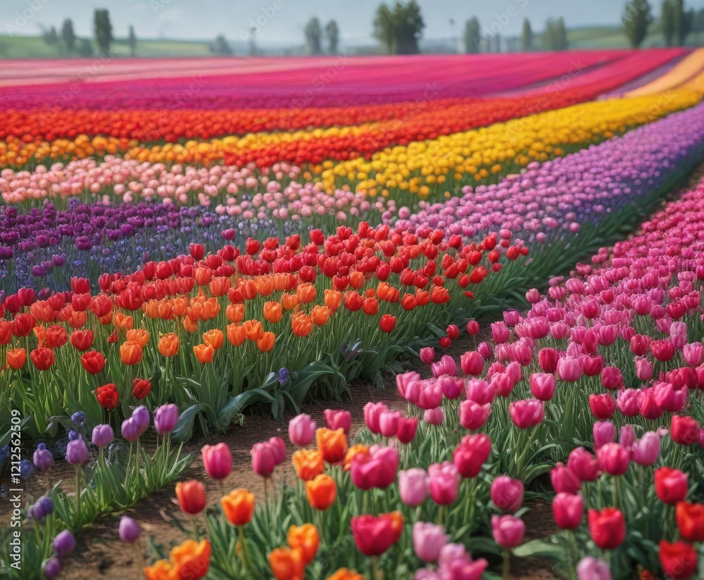 A breathtakingly beautiful field of tulips in every color of the rainbow - from soft lavenders to bold magentas - stretches out as far as the eye can see, landscape, vibrant colors A breathtakingly beautiful field of tulips in every color of the rainbow - from soft lavenders to bold magentas - stretches out as far as the eye can see, landscape, vibrant colors