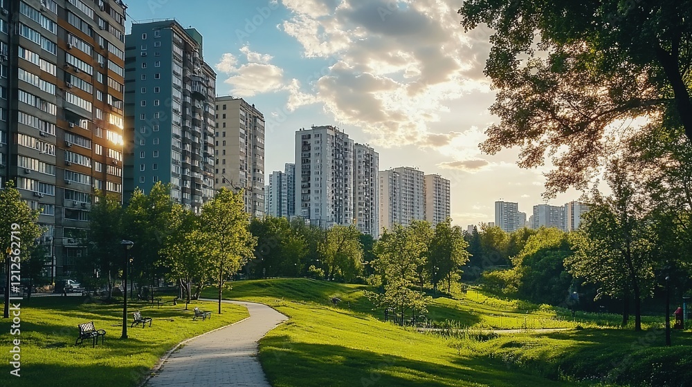 Obraz premium A modern city park in the center of the city, extracted from an apartment complex.