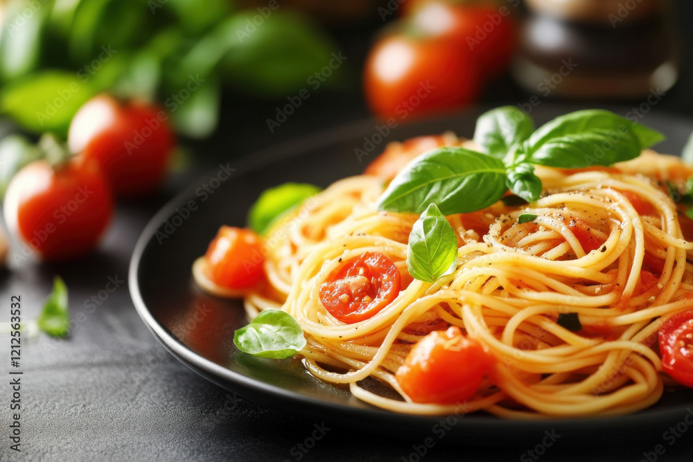 A plate of zoodles (zucchini noodles) with a light tomato sauce and fresh basil A plate of zoodles (zucchini noodles) with a light tomato sauce and fresh basil