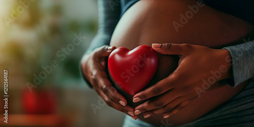 A serene pregnant black adult female gently holding a red heart over her growing belly. Concept of maternal love and healthy expectancy.