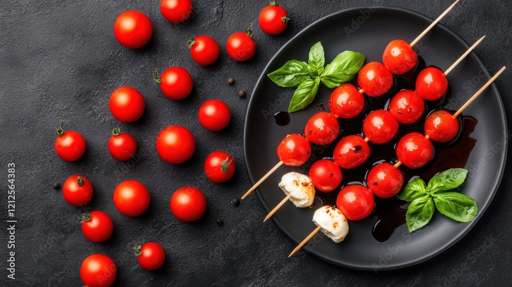Fresh cherry tomatoes on skewers with basil leaves, complemented by a dark plate and scattered tomatoes, create a vibrant, appetizing presentation. Fresh cherry tomatoes on skewers with basil leaves, complemented by a dark plate and scattered tomatoes, create a vibrant, appetizing presentation.