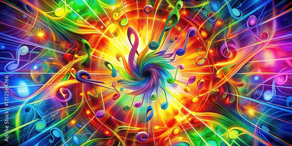 Obraz premium Vibrant musical notes against a kaleidoscope background with swirling colors and shapes, color explosion, melodic scene