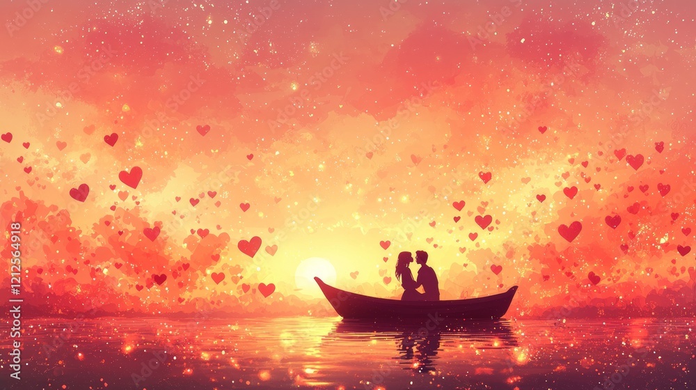 Naklejka premium Valentine Hearts concept. Romantic Couple Sunset Boat Ride Heart Sky.
