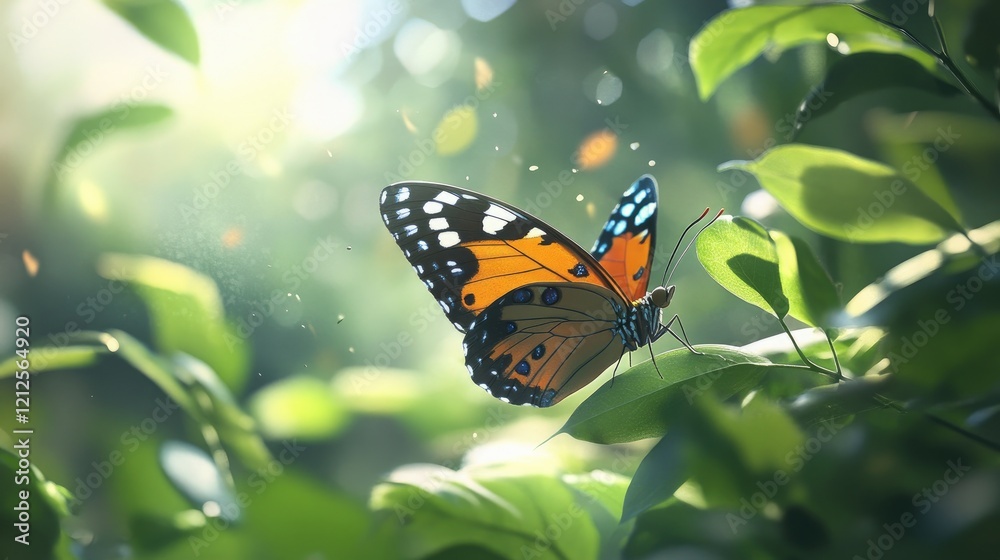A butterfly with colorful wings resting on a lush green leaf, blending with its surroundings as it prepares to take flight in the warm sunlight. A butterfly with colorful wings resting on a lush green leaf, blending with its surroundings as it prepares to take flight in the warm sunlight.