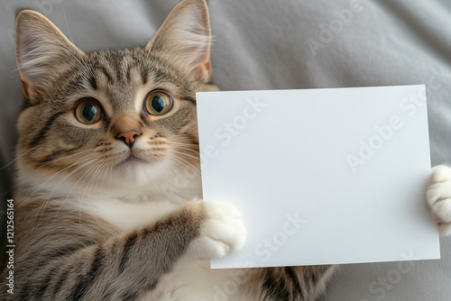 Cute cat with blank sheet of paper on bed, closeup