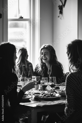 Friends talking and laughing over a meal at home, showing true connection photo