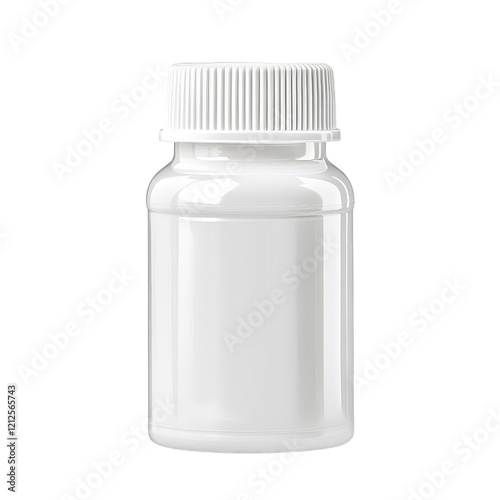 White pill bottle with white cap on a solid background for medical and pharmaceutical concepts isolated on transparent background.