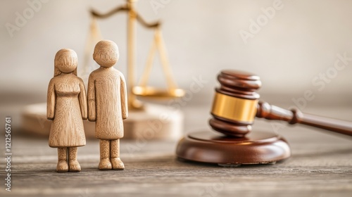 Wooden figure sculpture of a woman standing next to a judge figure in a courtroom setting photo