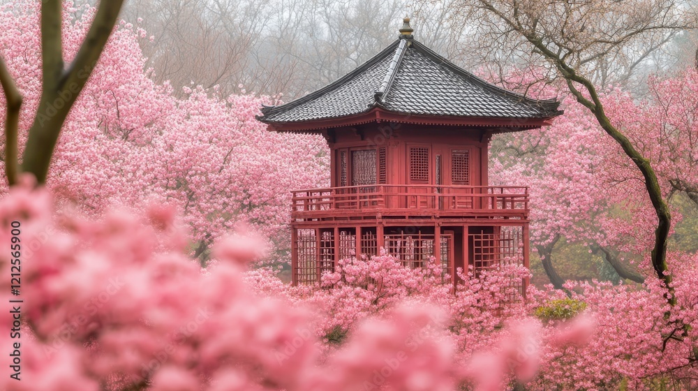 Serene Asian style Pavilion Amidst a Breathtaking Cherry Blossom Garden in Spring Serene Asian style Pavilion Amidst a Breathtaking Cherry Blossom Garden in Spring