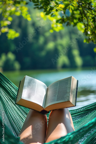 Person relaxing on a hammock with a book, symbolizing peace and contentment photo