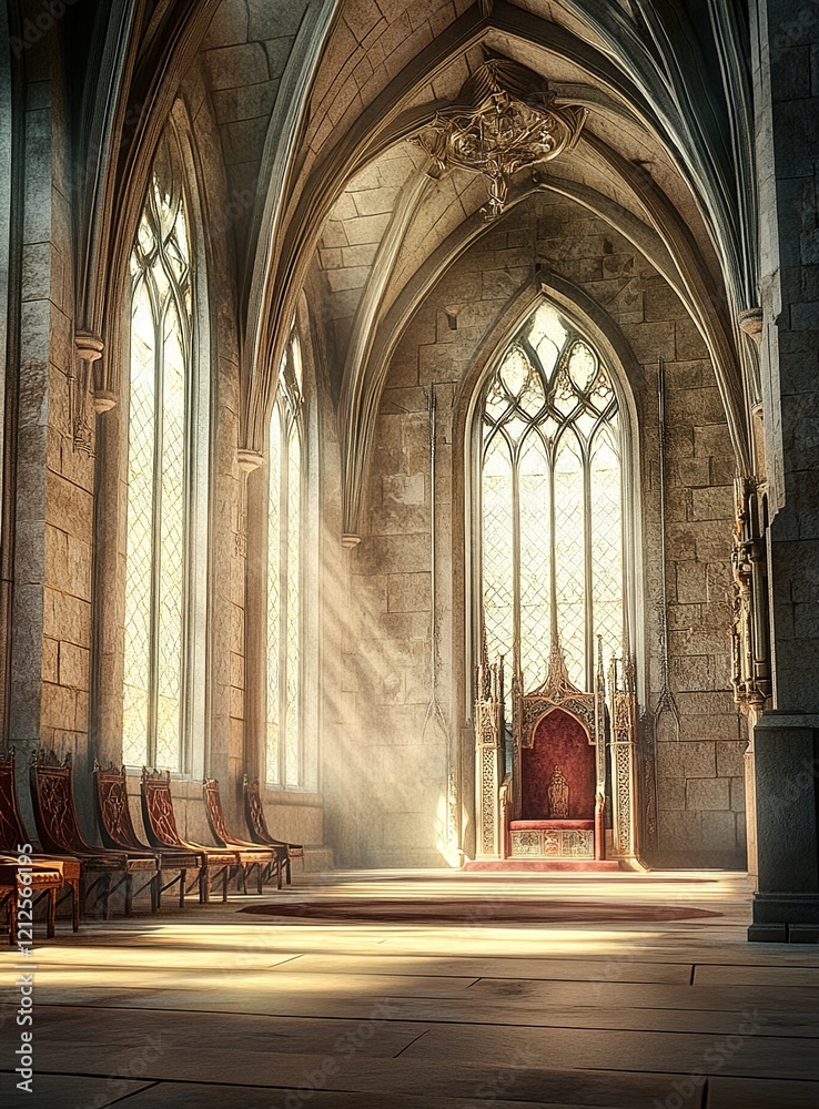 Obraz premium A grand hall with high arched ceilings, adorned in medieval architecture and surrounded by towering stone walls.