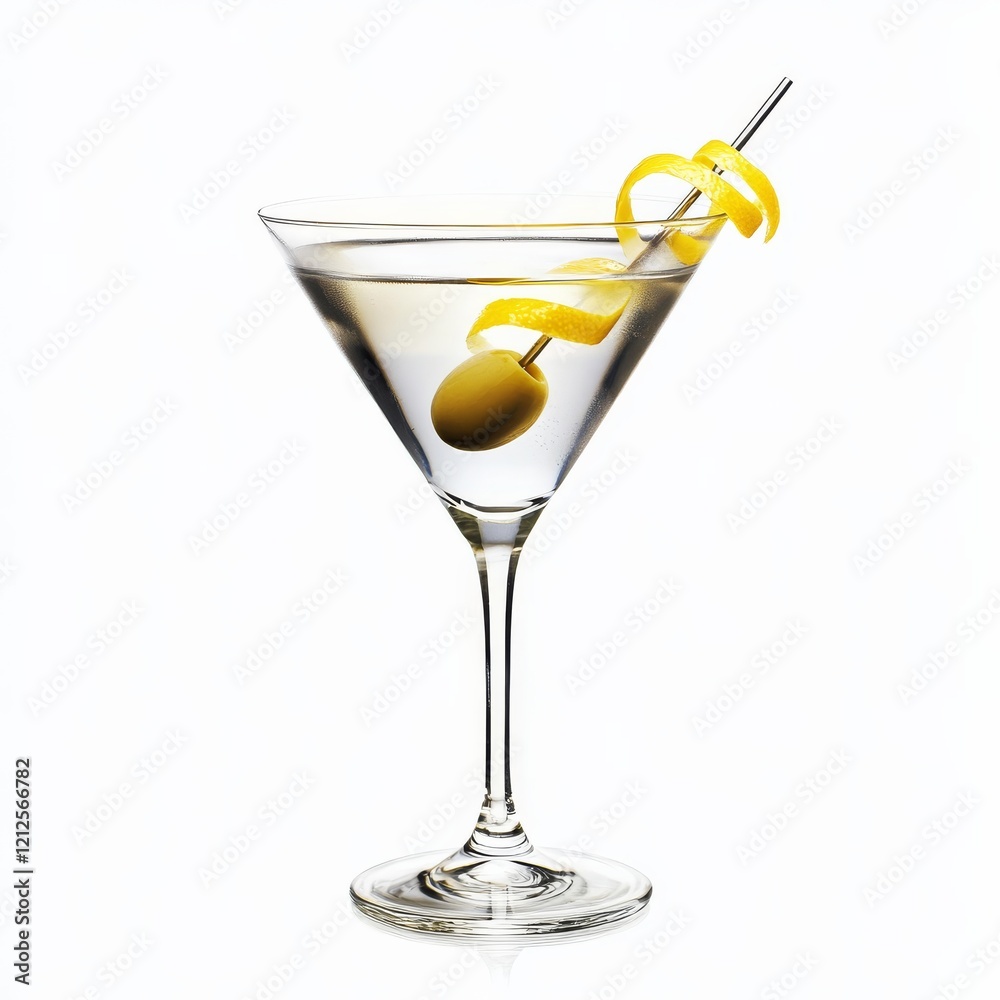 An elegant martini with an olive and lemon twist, presented against an isolated white background, minimalism art style