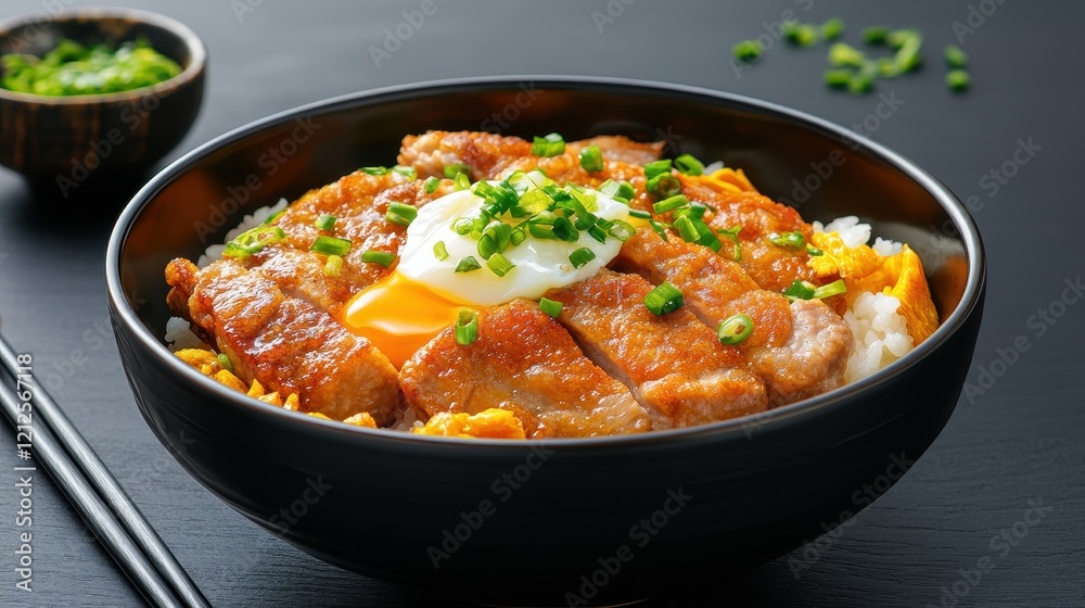 Delicious and Flavorful Chicken Katsu Bowl with Rice, Fried Egg, Green Onions, and Side of Sauce for a Satisfying Meal Experience Delicious and Flavorful Chicken Katsu Bowl with Rice, Fried Egg, Green Onions, and Side of Sauce for a Satisfying Meal Experience